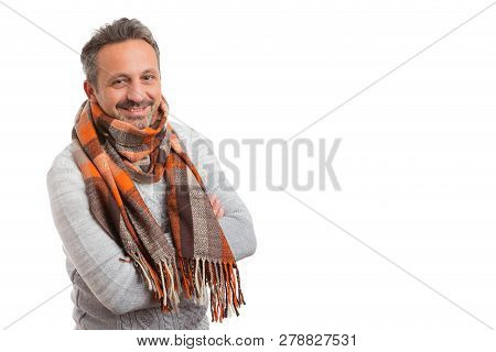 Male Person Smiling As Holding Arms Crossed And Wearing Orange Scarf Around Neck With Blank Copyspac