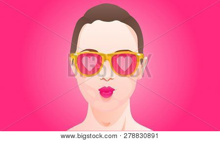 Fashion Woman With Pink Glasses On Pink Background