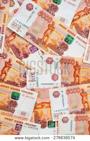 Russian Rubel, 5000 Rubels Banknote Background. Loan, Mortgage, Credit Concept