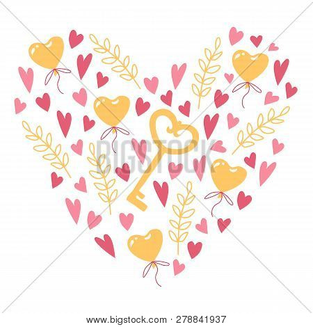 Valentines Day Heart Shape Made Of Objects For Concept And Design, Vector Illustration Flat, Pink An