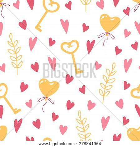 Pattern With Balloons, Keys And Hearts, Seamless Texture With Colorful Illustrations Of Balloons. Ve