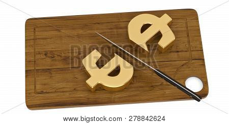 Culinary Sale Concept Kitchen Knife With Dollar Sign On Chopping Board 3d Illustration.