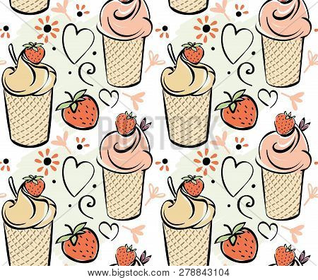 Ice Cream With Strawberry. Seamless Pattern Black White Pink Creame Red Hand Made Drawing For Kids, 