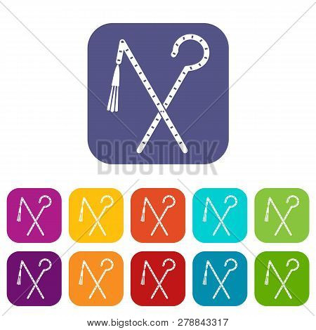 Rod And Whip Of Pharaoh Icons Set Illustration In Flat Style In Colors Red, Blue, Green And Other