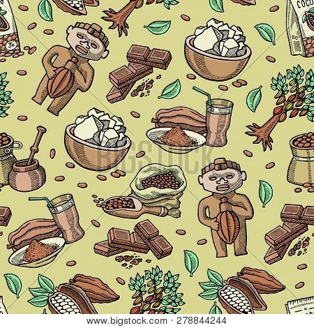 Cocoa Vector Seamless Pattern Cartoon Chocolate Sweet Food From Coco-beans Cocoa-tree Illustration B