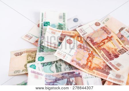 Heap Of Russian Money, Rubel Banknotes On White Background. Loan, Mortgage, Credit Concept