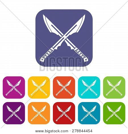 Japanese Tanto Daggers Icons Set Illustration In Flat Style In Colors Red, Blue, Green And Other