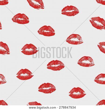 Vector Woman Red Lipstick Kiss Prints Seamless Pattern. Red Kisses For Romantic, Wedding And Valenti