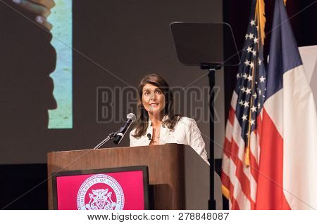 Houston, Texas - May 22, 2018: Nikki Haley, The U.s. Ambassador To The United Nations Speaks At Univ