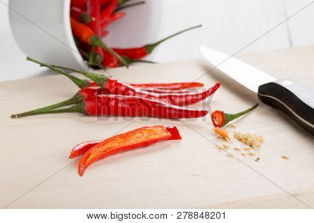 Red Cayenne Pepper. Deseed Hot Chili Peppers Before Chopping.