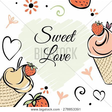 Ice Cream With Strawberry. Banner. Black White Pink Creame Red Hand Made Drawing For Kids, Adult, Ca