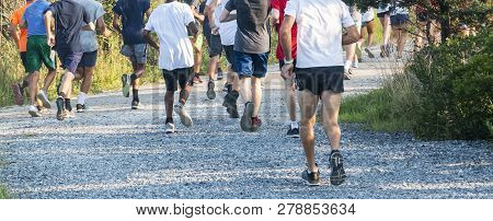 A High Achool Team Of Cross Country Runners Is Running Away From The Camera On Their Way Back From T