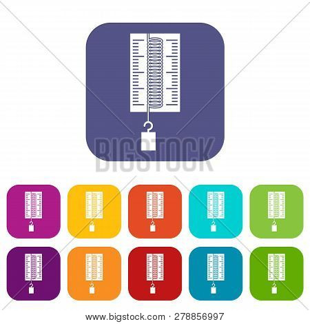 Physics Dynamometer For Laboratory Work Icons Set Illustration In Flat Style In Colors Red, Blue, Gr