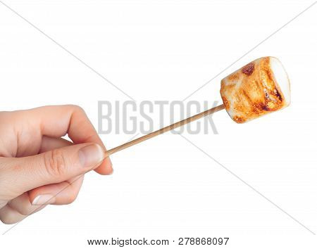 Roasted Marshmallows On A Skewer On White Background