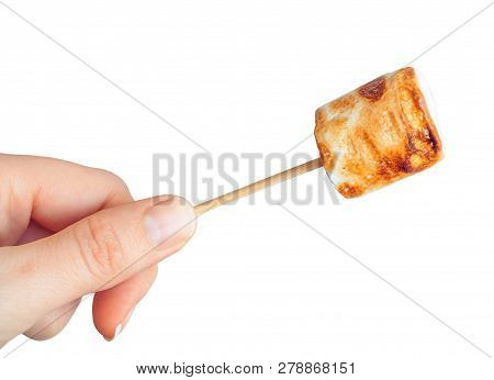 Roasted Marshmallows On A Skewer On White Background