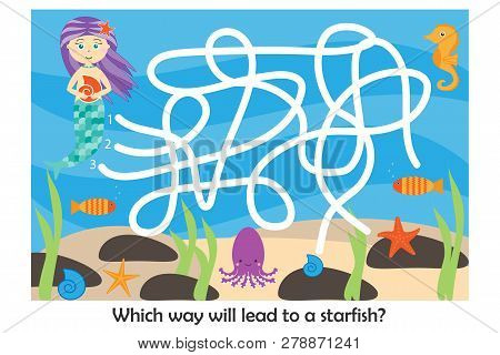 Labyrinth Game, Help The Mermaid To Find A Way To The Starfish, Cute Cartoon Character, Preschool Wo