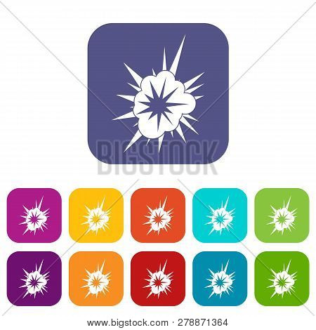 Nucleate Explosion Icons Set Illustration In Flat Style In Colors Red, Blue, Green And Other