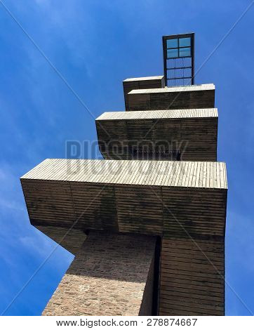 Lookout Platform On A Watchtower Against Blue Sky At The Three Border Point In Vaals, The Netherland