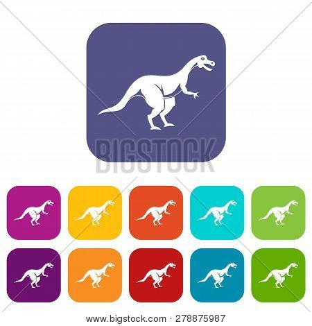 Theropod Dinosaur Icons Set Illustration In Flat Style In Colors Red, Blue, Green And Other