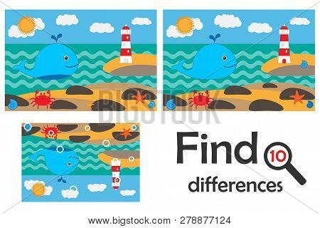 Find 10 Differences, Game For Children, Ocean Life In Cartoon Style, Education Game For Kids, Presch