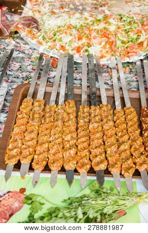 Turkish Adana/urfa Kebab Getting Ready To Be Grilled In Display