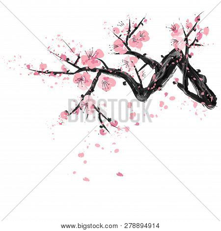 Realistic Sakura Blossom - Japanese Cherry Tree Isolated.