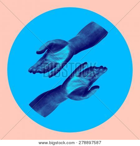 Painted in blue hands in ircle. Contemporary art collage. Concept of memphis style posters. Abstract minimalism
