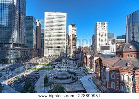 View Of Tokyo Station Front Square At The Marunouchi Business District, Tokyo, Japan.