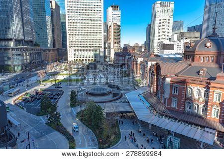 View Of Tokyo Station Front Square At The Marunouchi Business District, Tokyo, Japan.