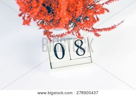 Flowers Of Orange Calluna Vulgaris With Cube Calendar On White Background, Isolated, Copy Space For 