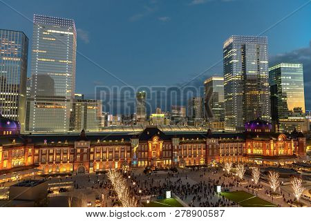 View Of Tokyo Station Building During Winter Illumination At Marunouchi Business District, Tokyo, Ja