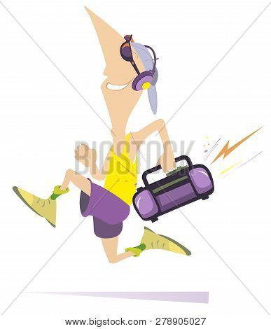 Comic Runner, Sunglasses, Headphones And Boom Box Music Illustration. Comic Man With Sunglasses And 