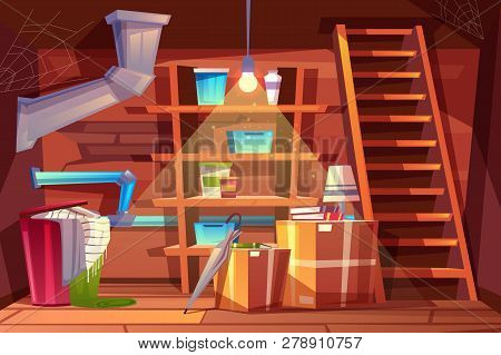 Cellar Interior, Storage Of Clothing Inside The Basement In Cartoon Style. Storeroom With Shelves, F