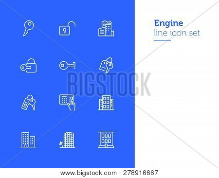 Engine Line Icon Set. Set Of Line Icons On White Background. Equipment Concept. Gear, Drill, Enginee
