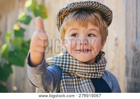 Thumbs Up. Portrait Of Happy Boy Showing Thumbs Up Gesture. Vintage Style. Little Gentleman With Hap