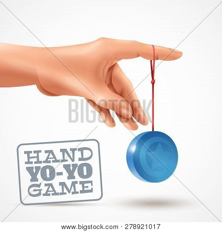 Realistic Background With Human Hand Playing Blue Yoyo Vector Illustration