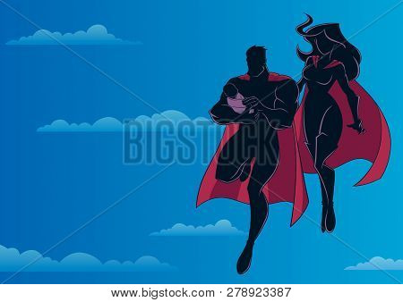 Full Length Silhouette Illustration Of Super Dad And Super Mom With Super Baby, Flying In The Sky.