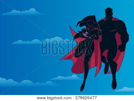 Full Length Silhouette Illustration Of Happy Super Mom And Super Dad With Super Baby, Flying In The 