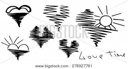 Set Of Black And White Hearts And Lettering Isolated On White Background. The Sun Setting Into The S