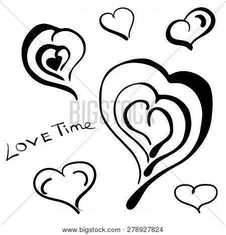 Saint Valentine's Day. Set. Hearts and romantic lettering. Isolated on white. Cute and romantic. Love time.