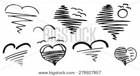Set. Beautiful Hand-drawn Hearts. Birds Hovering Over The Water. Sea Surface At Sunset And Dawn. Fly