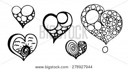 Back and white hearts isolated on white background. Vector. Abstract vector hearts with circles, sun, birds, and question sign. Love and romance. St Valentine's Day.