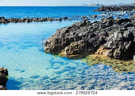 Lagoon With Turquoise Clear Water In Playa Jablillo Beach, In Costa Teguise, Lanzarote, Canary Islan