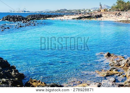 Lagoon With Turquoise Clear Water In Playa Jablillo Beach, In Costa Teguise, Lanzarote, Canary Islan