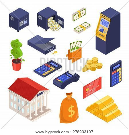 Bank And Payment Isometric Icons. Money, Finance, Banking, Investment And Commerce Vector Illustrati