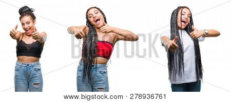 Collage of beautiful braided hair african american woman with birth mark over isolated background approving doing positive gesture with hand, thumbs up smiling and happy for success