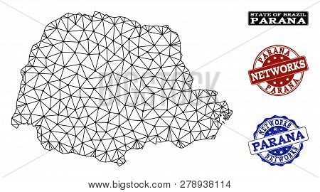 Black Mesh Vector Map Of Parana State Isolated On A White Background And Grunge Stamp Seals For Netw