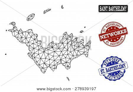 Black Mesh Vector Map Of Saint Barthelemy Isolated On A White Background And Grunge Watermarks For N