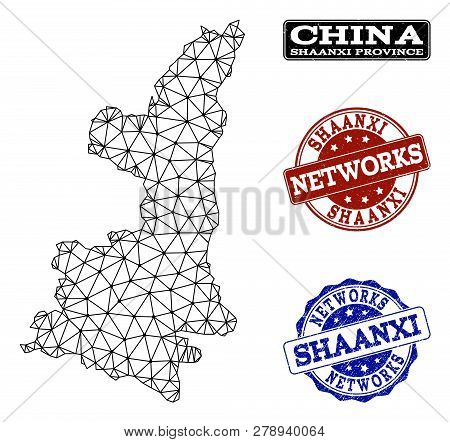 Black Mesh Vector Map Of Shaanxi Province Isolated On A White Background And Grunge Stamp Seals For 