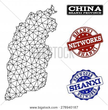 Black Mesh Vector Map Of Shanxi Province Isolated On A White Background And Scratched Stamp Seals Fo